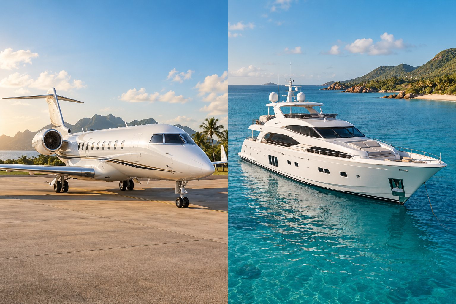 Imagen compuesta de un jet privado y un yate de lujo