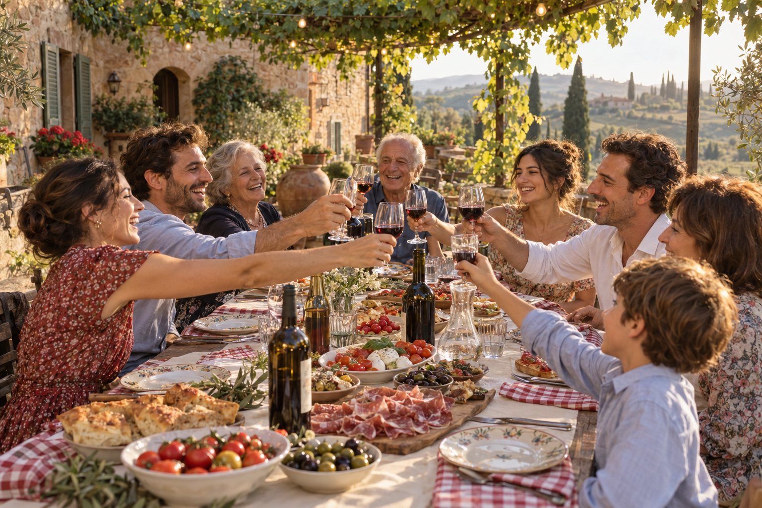 Celebración tradicional italiana en un patio, con mesa compartida y un brindis