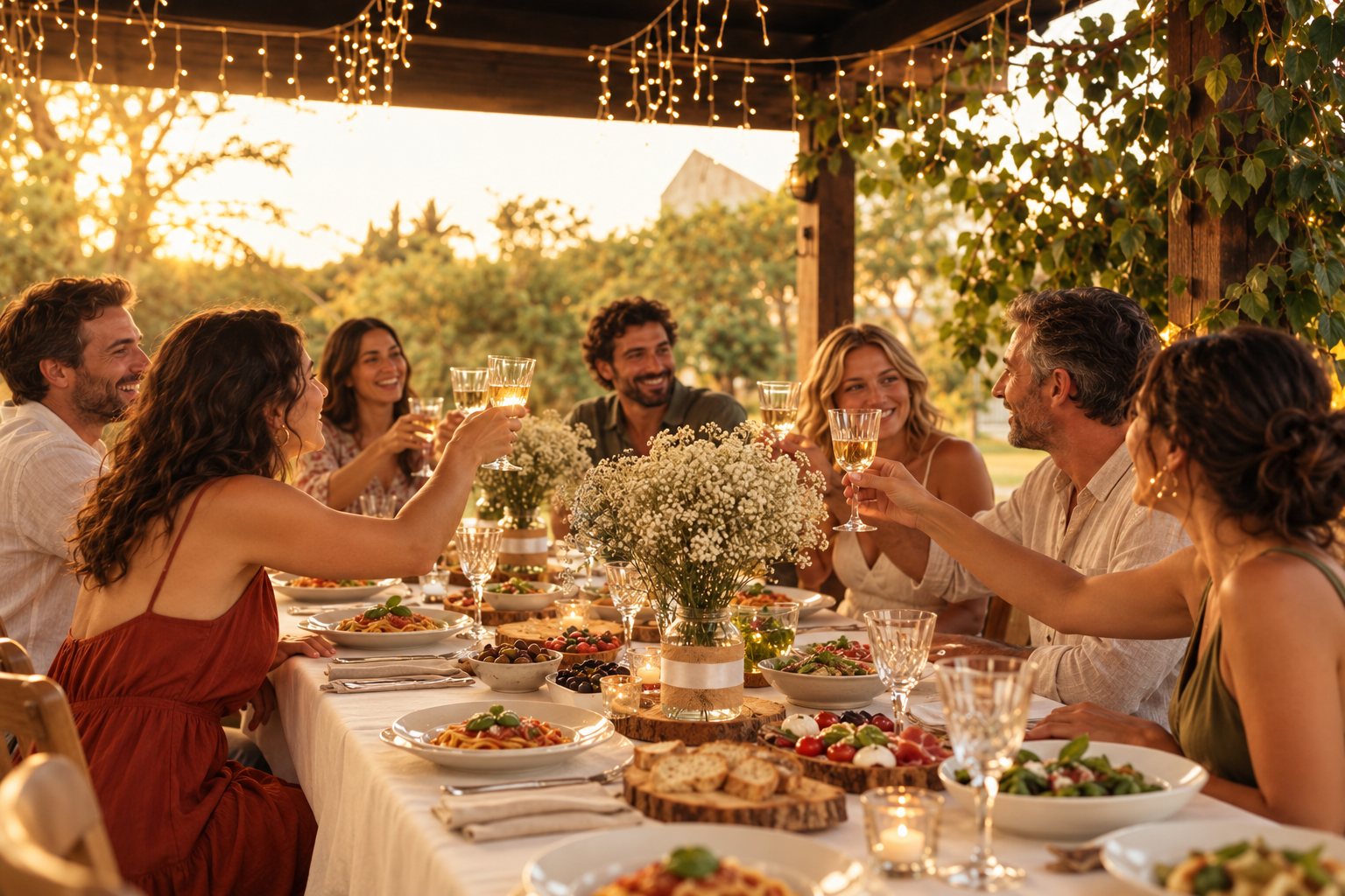 Celebración al aire libre con invitados, flores y luces cálidas