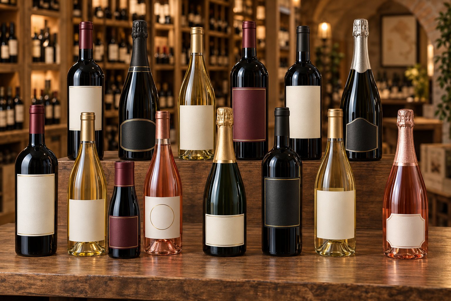 Selección ilustrativa de botellas de vino tinto, blanco, rosado y espumante